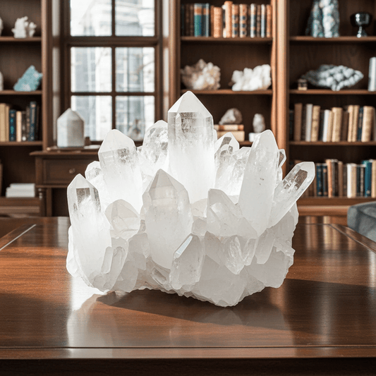 crystal cluster on table in library