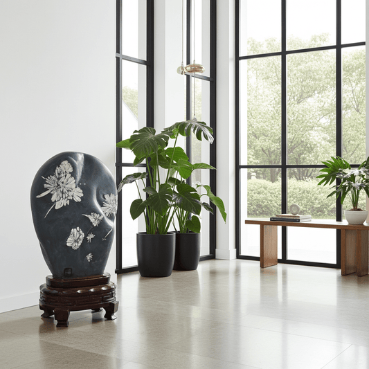 Large Black Rock, plants, window