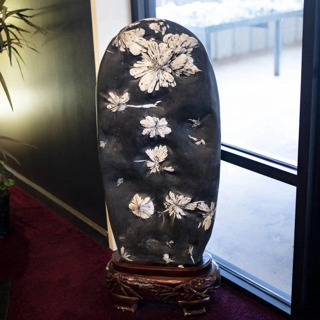 Chrysanthemum Stone on Wood Base Black And White Stone