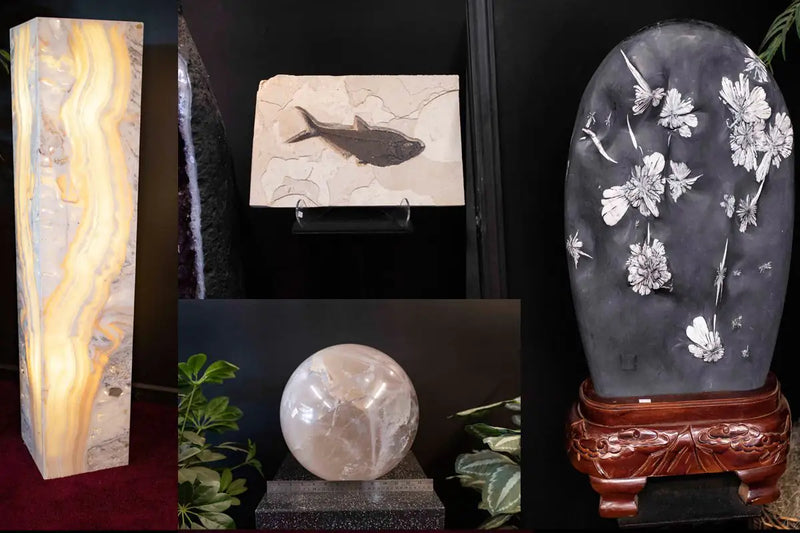 Pedestal Lamp, Fish Fossil, Quartz Sphere, Chrysanthemum Stone
