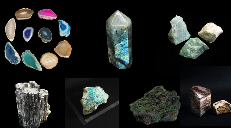 Dyed Amethyst Halves, Black Tourmaline, Labradorite Tower and more stones
