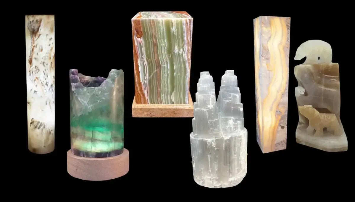 Onyx Lamp, Green Fluorite Lamp, Green Onyx Rectangular Lamp, Selenite Lamp, Bear Lamp, Onyx Spherical Lamp, black background