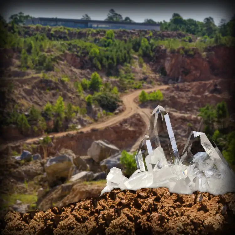 Crystal cluster sitting on rock overlooking a quartz mine