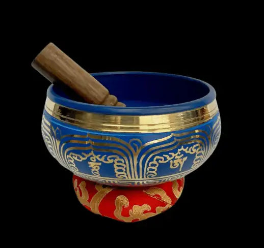Blue Singing Bowl with Wood mallet and red pillow
