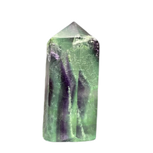 Load image into Gallery viewer, Front Side Of Small Cut And Polished Fluorite Point Tower, Green And Purple In Color 

