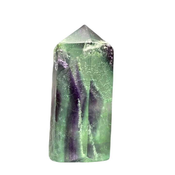 Front Side Of Small Cut And Polished Fluorite Point Tower, Green And Purple In Color 
