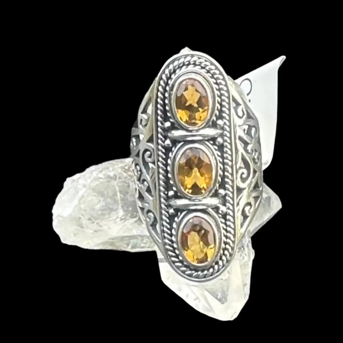3 Stone Citrine Ring Oval Shape Sterling Silver Crystal Background
