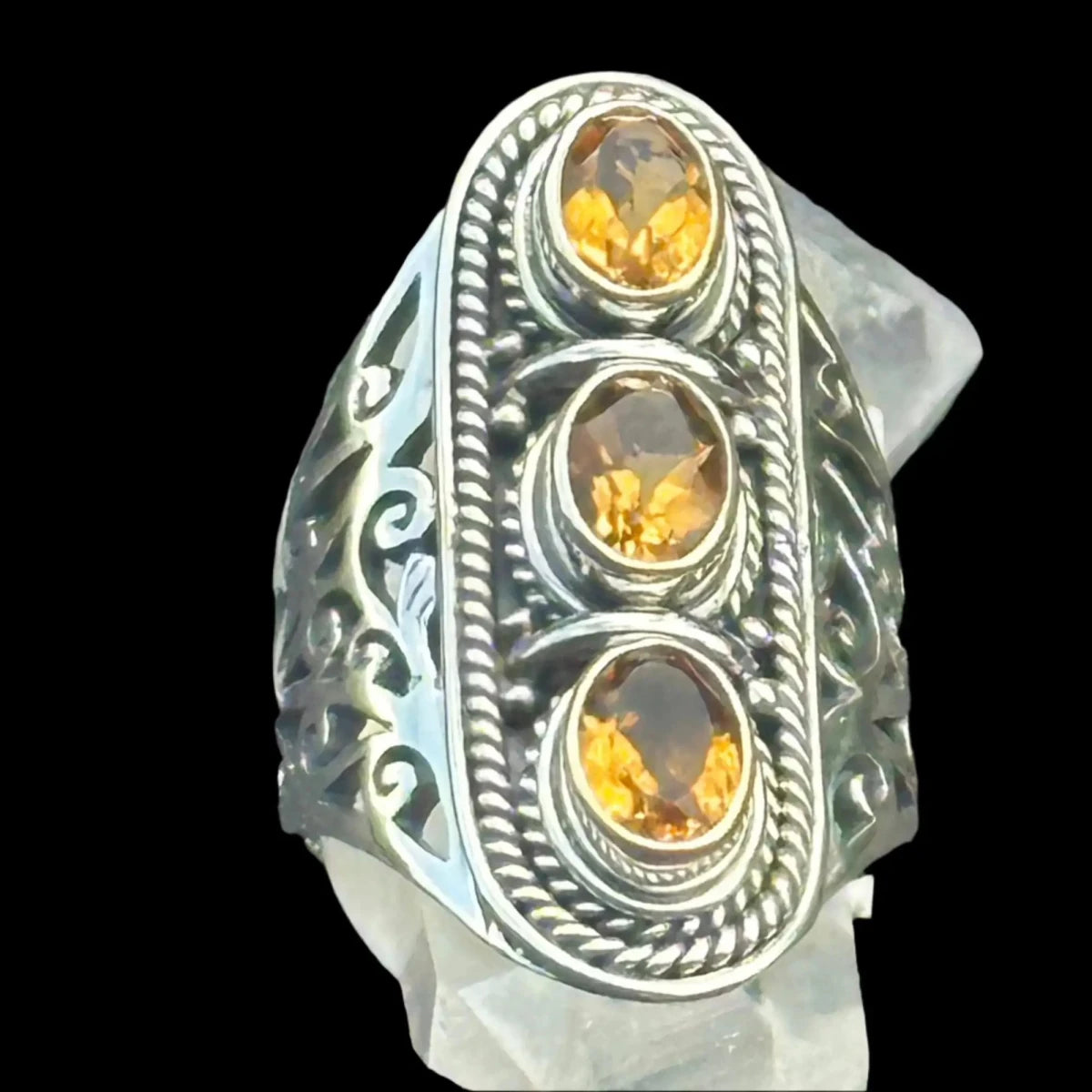 Close Up of 3 stone Citrine Ring