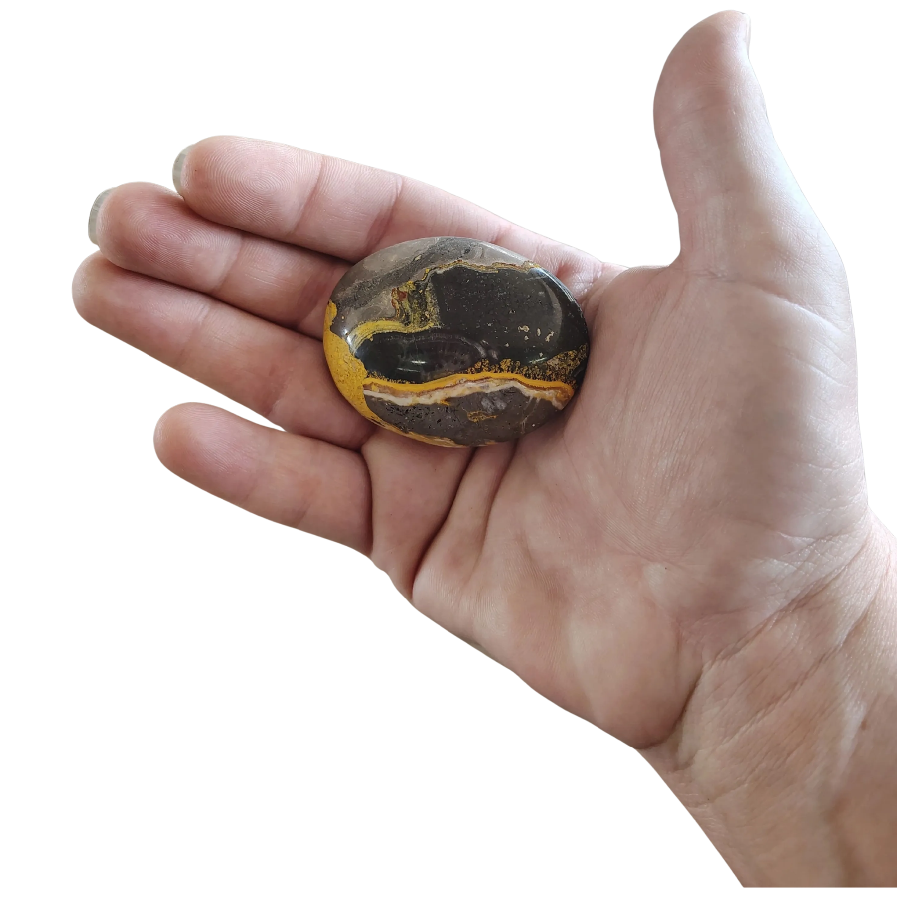 This is the front side of this Bumble Bee Jasper palm stone