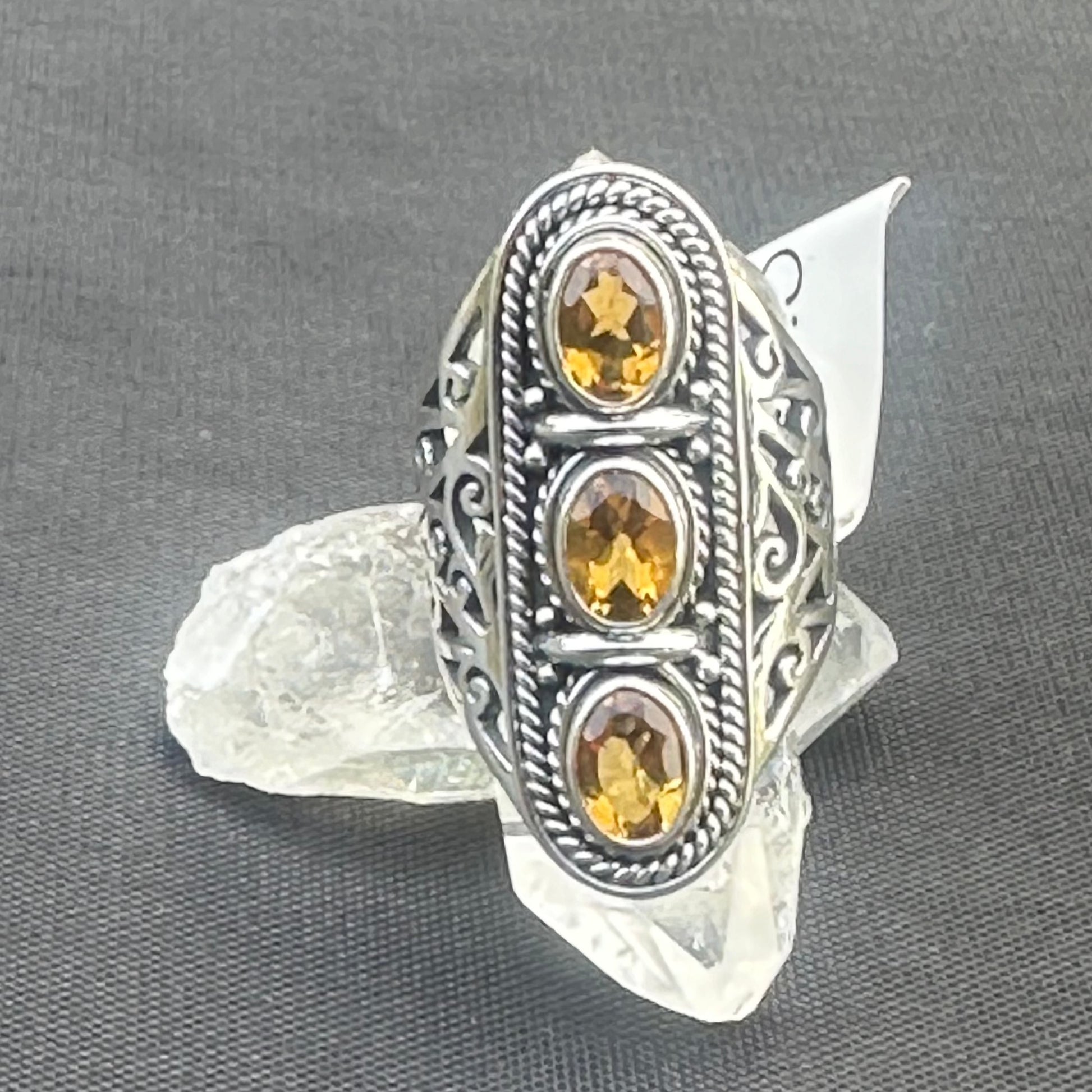 3 Stone Ring Citrine Oval Shape Sterling Silver Crystal Background