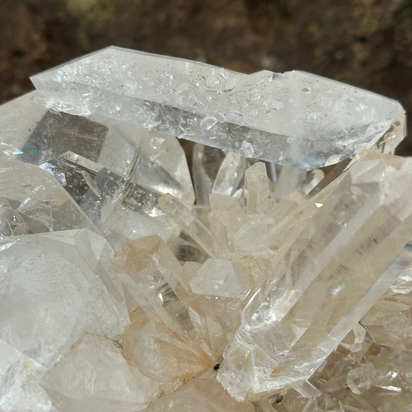 Close up of horizontal crystal point on a crystal cluster