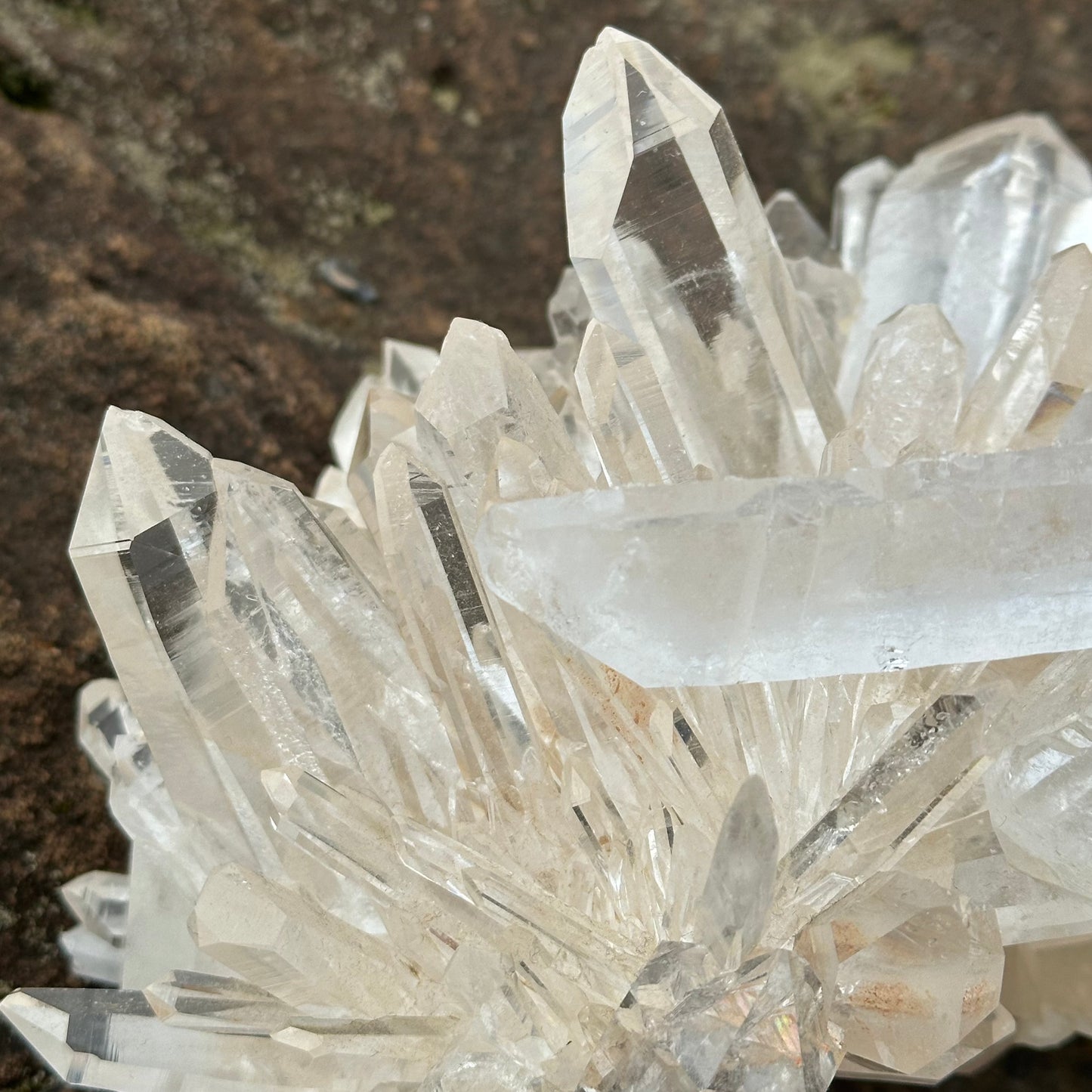 Close up of water clear points within this Ron Coleman mined quartz crystal cluster