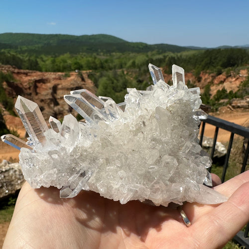 View of Unique Clear Quartz Crystal Cluster In Natural Sunlight