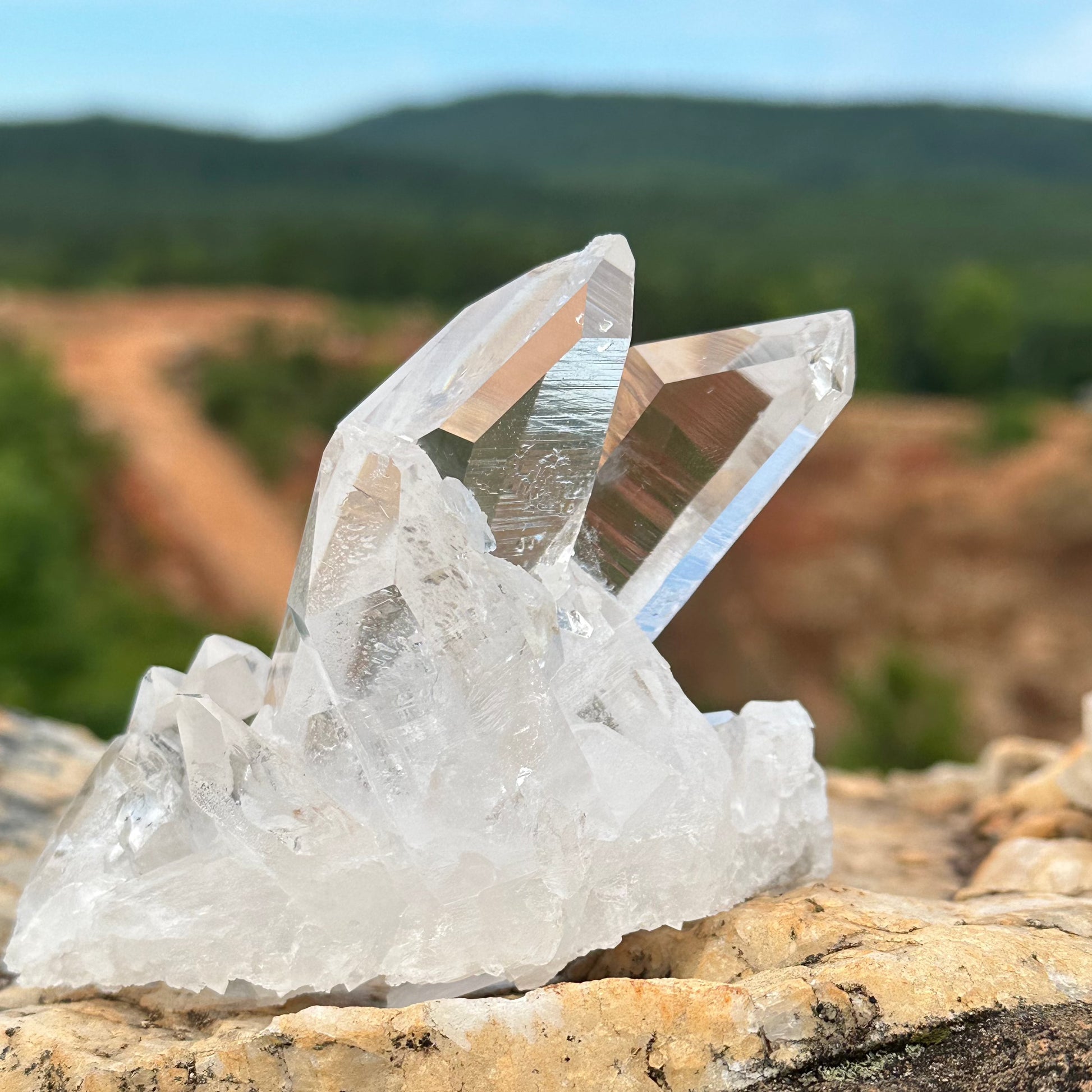 Close Up View Of Two Large Points On A Multiple Point Clear Quartz Crystal Cluster from Ron Coleman Commercial Quartz Mine