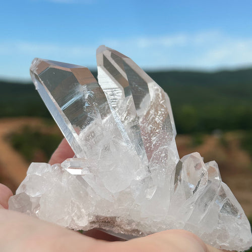 Small Clear Quartz Crystal Cluster From Ron Coleman Mine With Mine In The Background