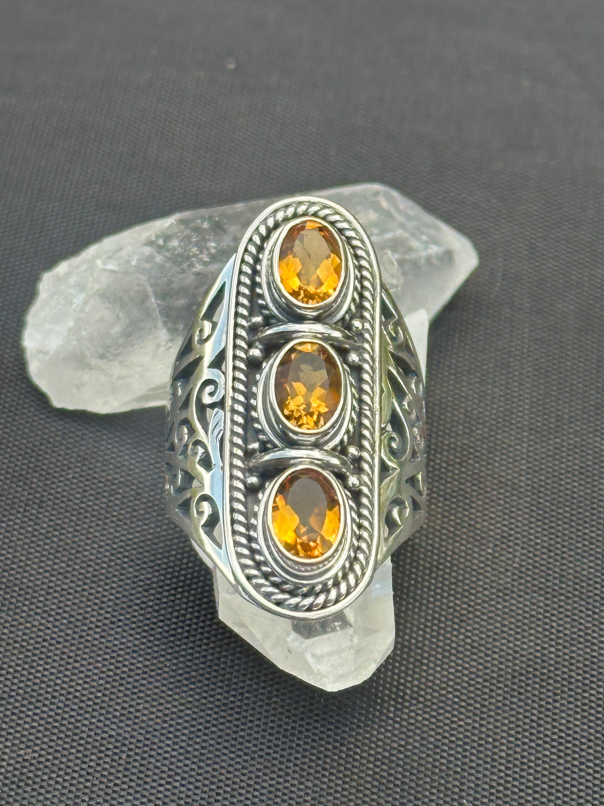 Top View Of 3 Oval Cut Citrine Stone Ring