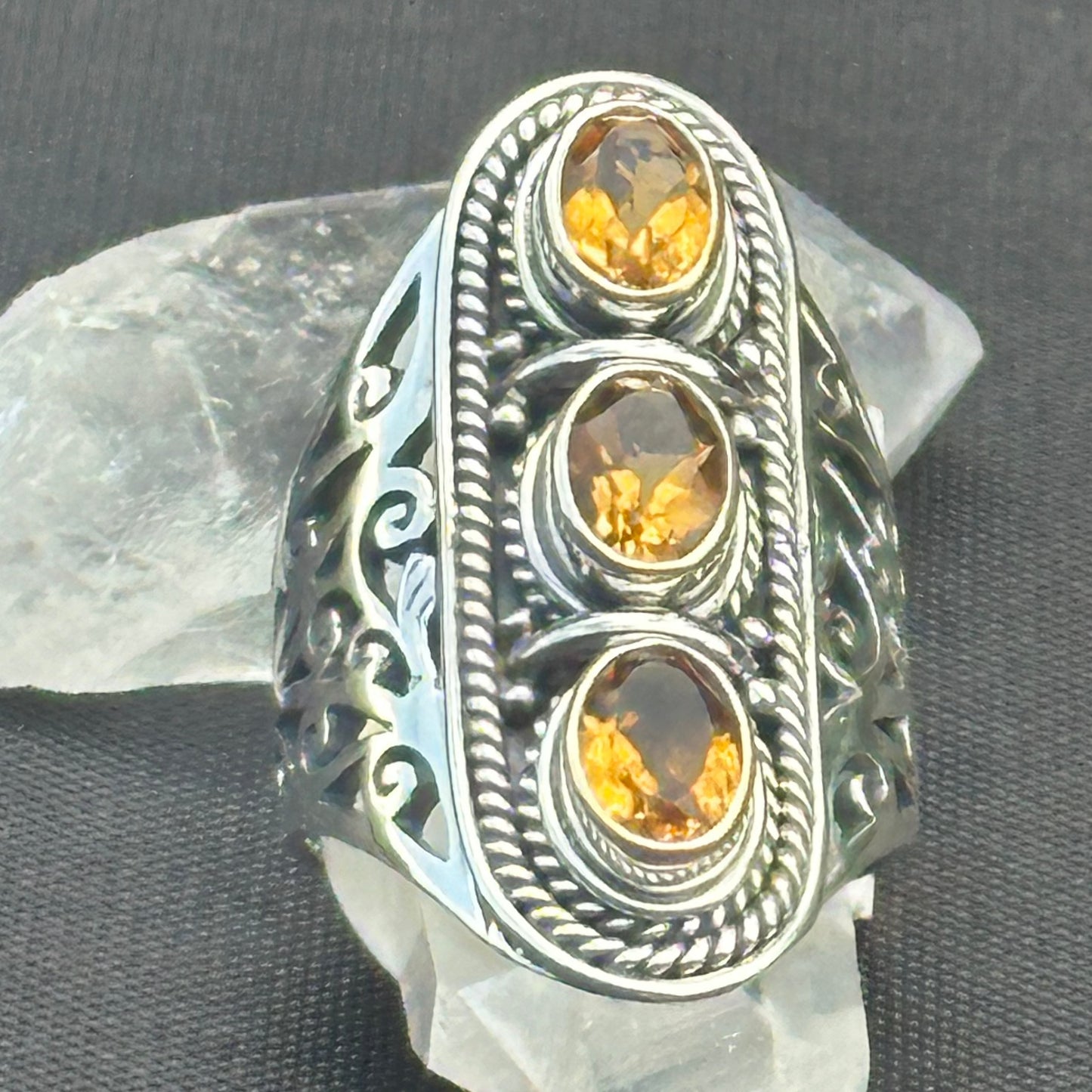 Close Up of 3 Citrine Stone Ring