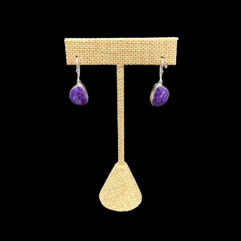 Sterling Silver And Charolite Dangle Gemstone Earrings, Gemstone Is A Marbled Light And Dark Purple