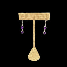 Load image into Gallery viewer, Sterling Silver And Amethyst Gemstone Dangle Earrings, Each Earring Has 2 Gemstones On It, They are Small ,Oval Cut And Deep Purple
