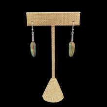 Load image into Gallery viewer, Sterling Silver Abalone Dangle Feather Earrings, The Feather Is Iridescent Green Blue And Orange 
