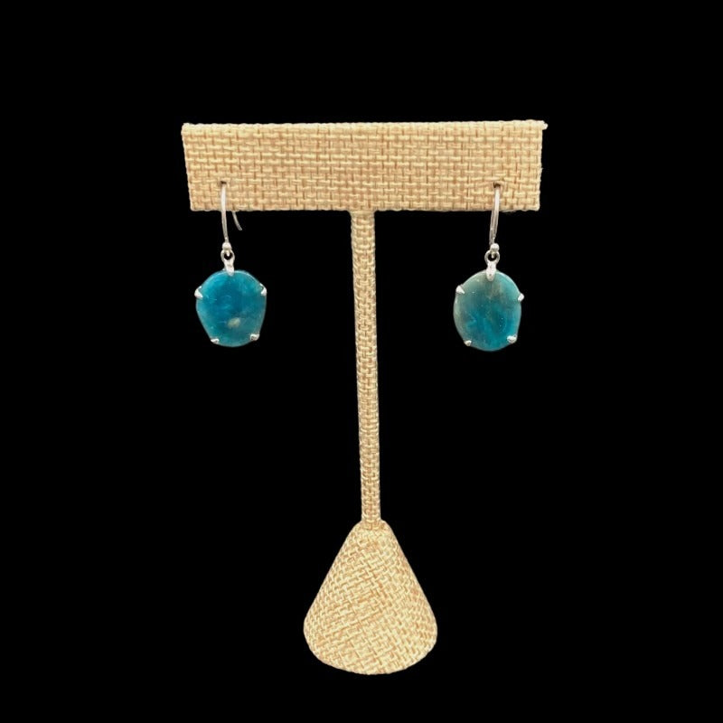 Sterling Silver And Oval Blue Apatite Earrings, Blue Apatite Gemstones Are Polished Smooth And Are Teal In Color