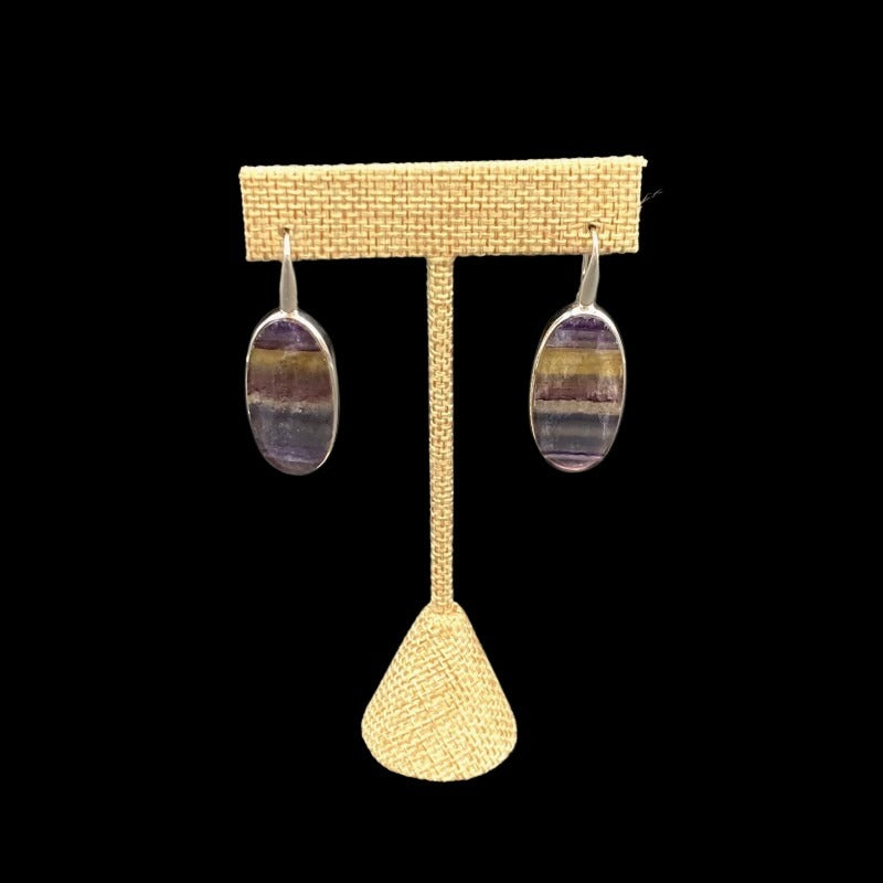Sterling Silver And Oval Fluorite Earrings, Oval In Shape With Stripes Of Purple, Lilac, And Yellow