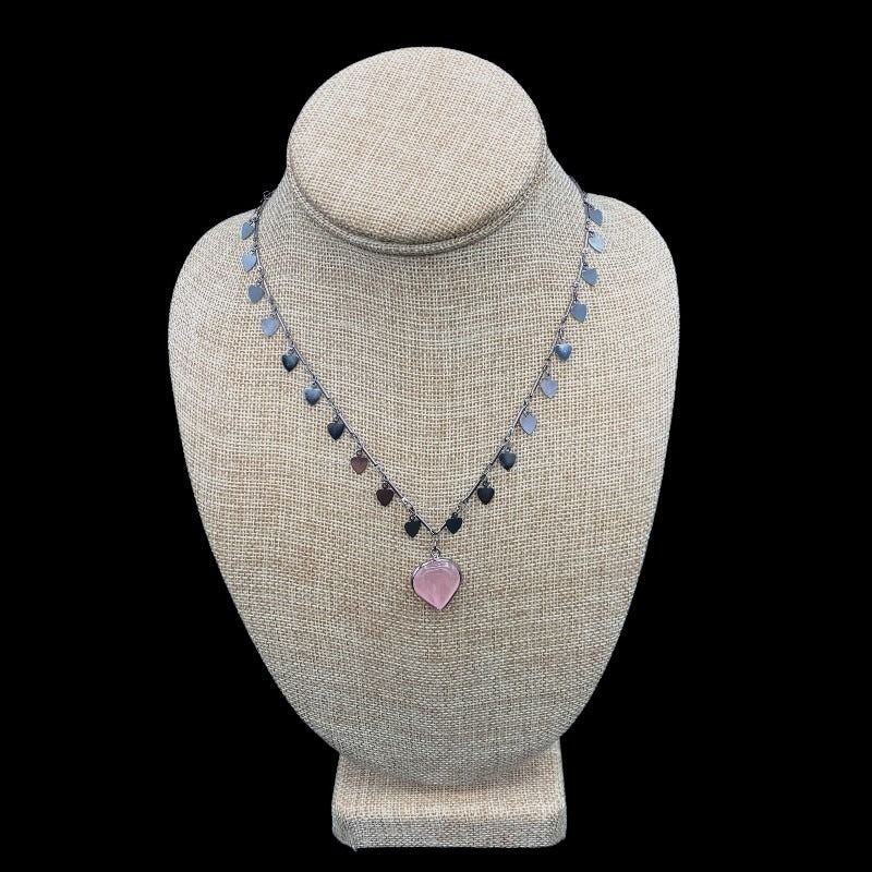 Rose Quartz Gemstone Heart Necklace, Chain Has Multiple Hearts Along It And The Pendant Is Pink Rose Quartz