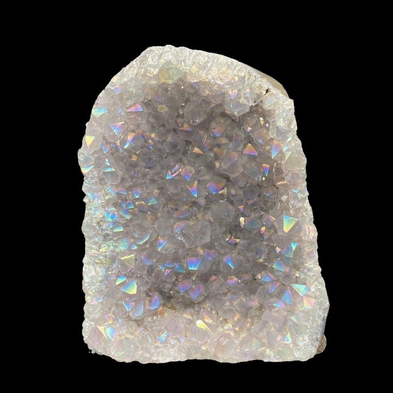 Front Side Of Angel Aura Cut Base, Iridescent Rainbow Of Colors Overlaying White And Silver Crystals