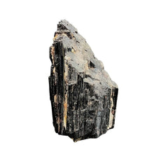 Load image into Gallery viewer, Front Side Of Black Tourmaline Cut Base With Mica, Shiny Black White And Rust Color
