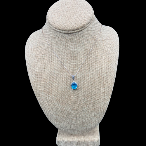 Necklace Sterling Silver Oval In Shape Blue Topaz Pendant, Picture Of Pendant And Adjustable Chain.