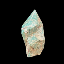 Load image into Gallery viewer, How to Use Amazonite Polished Point Rock Specimen in Your Meditation Practice, Side View Of Raw White And Some Polished Teal Blue 
