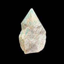 Load image into Gallery viewer, How to Use Amazonite Polished Point Rock Specimen in Your Meditation Practice, Back Side Left Raw White And Some Teal Blue
