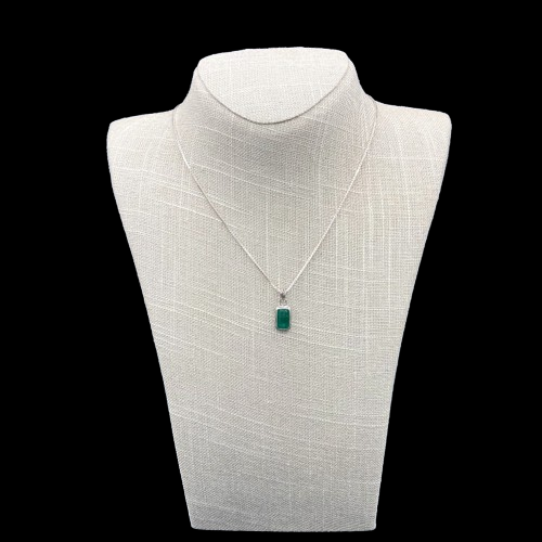 Sterling Silver Adjustable Length Necklace Rectangular Shape Emerald Gemstone Pendant, Gemstone Is A Deep Green And The Chain Is A Box Chain