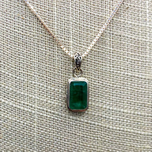 Load image into Gallery viewer, Sterling Silver Adjustable Length Necklace Rectangular Shape Emerald Gemstone Pendant, Close Up Of Deep Green Emerald Gemstone And Box Chain
