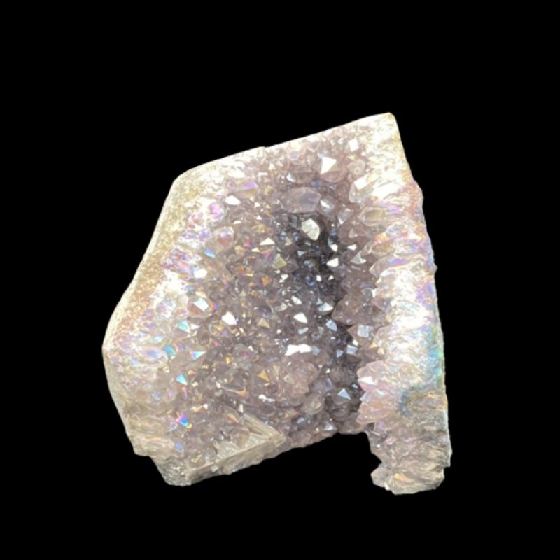 Front Side Of Pearl Aura Amethyst Cluster Cut Base, Covered In Pearl Aura Amethyst Crystals Iridescent Light Purple 