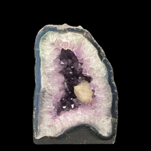 Load image into Gallery viewer, Front Of Purple Amethyst With Calcite Geode Cathedral Crystal Home Decor Brazil, White And Purple Amethyst Crystals, A Piece Of White Calcite In The Center, And A Thin layer Of Blue Agate Around The Edge.
