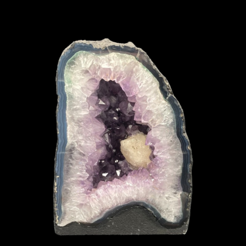 Front Of Purple Amethyst With Calcite Geode Cathedral Crystal Home Decor Brazil, White And Purple Amethyst Crystals, A Piece Of White Calcite In The Center, And A Thin layer Of Blue Agate Around The Edge.