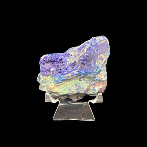 Front Side Of Raw And Natural Azurite Malachite Lapidary Mineral Specimen, Blue, Green, Yellow And Brown In Color.