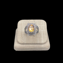 Load image into Gallery viewer, Front View Womens Sterling Silver Ring With Oval Shaped Citrine Gemstone Ring, Gemstone Is A Beautiful Golden Yellow And The Setting Is A Detailed Rope Like Design

