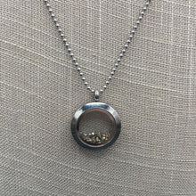 Load image into Gallery viewer, Close Up Of Handcrafted At Ron Colemans Pyrite Locket Necklace, Locket Is Silver And The Pyrite Is Gold In Color
