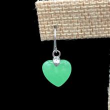 Load image into Gallery viewer, Close Up Of terling Silver Jade Heart Dangle Earrings, Bright Green In Color
