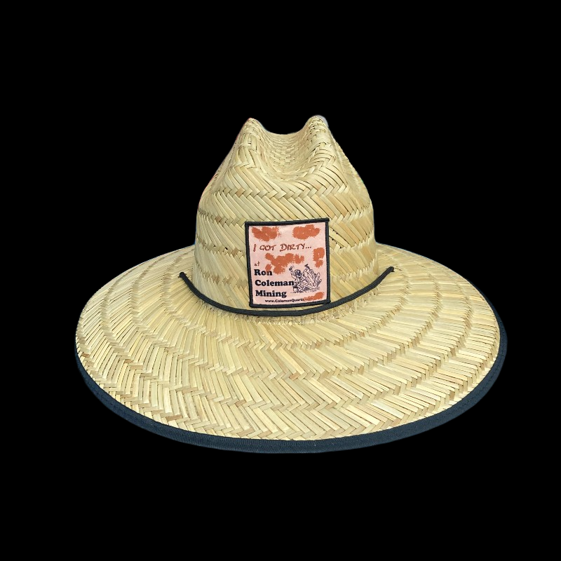 Top Side Of Ron Coleman Mining I Got Dirty Straw Hat, Natural Color And Black Pull string, With Ron Coleman Patch