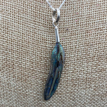 Load image into Gallery viewer, Close Up Of Abalone Shell Feather Pendant, Is Iridescent Blue And Green 
