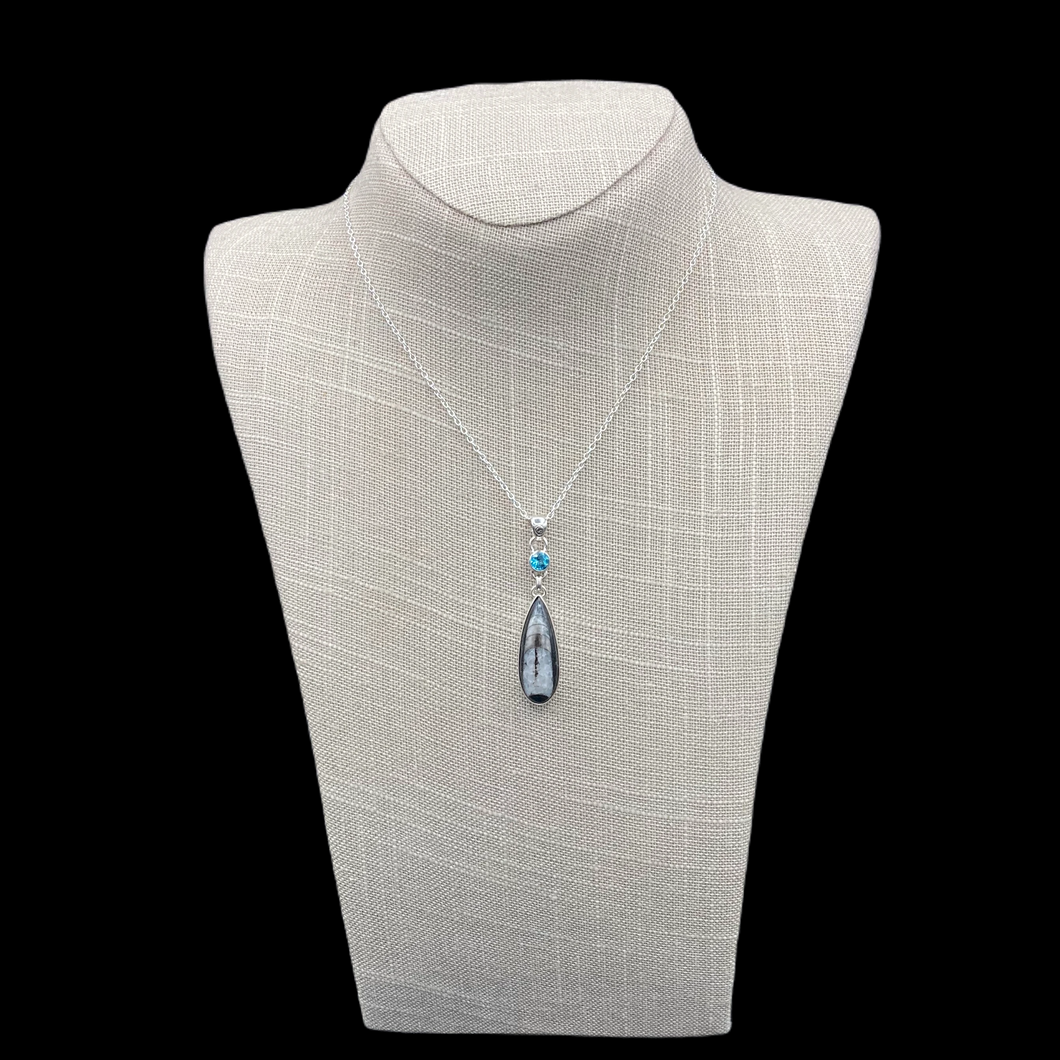 Orthoceras And Blue Topaz Pendant Necklace, Pendants Are Black Grey And Blue