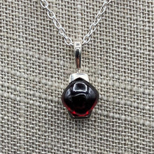 Load image into Gallery viewer, Close Up Of Sterling Silver And Modest Garnet Pendant Necklace, Garnet Gemstone Is A Deep Red

