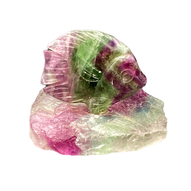 Left Side Of Mineral Sculpture Fluorite Carved Stone Fish, Pink, Green, And Purple In Color