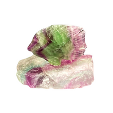 Load image into Gallery viewer, Right Side Of Mineral Sculpture Fluorite Carved Stone Fish, Pink, Green, And Purple In Color 
