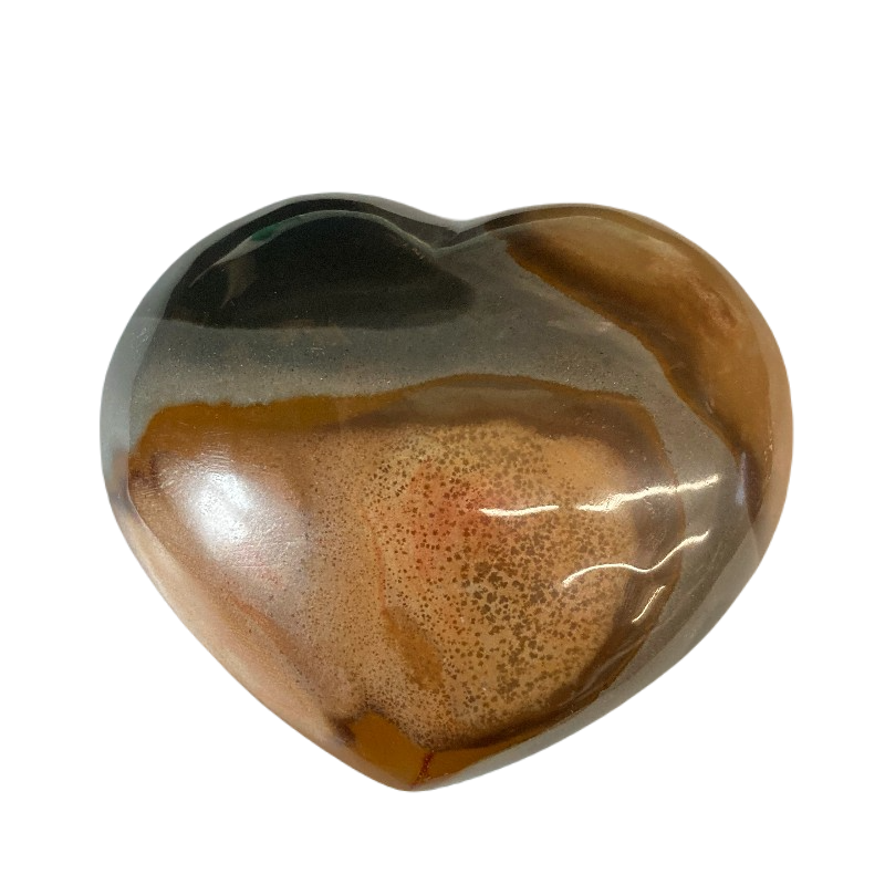 Front Side Of Polished Black, Grey, And Brown Polychrome Jasper Heart