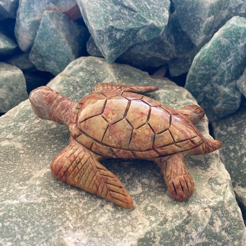 Hand Carved Brown And Red Jasper Sea Turtle Sitting On Aventurine Stone, Aventurine Not Included
