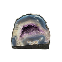 Load image into Gallery viewer, Front Side Of small amethyst half geode cathedral showing beautiful purple quartz crystals, highly polished front edge showing blue, cream and clear tones
